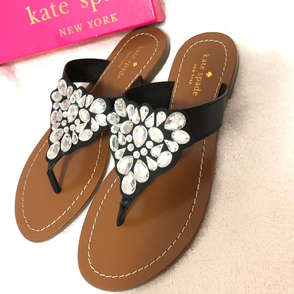 NIB: Kate Spade New York leather crystal embellished thong sandals 7.5 M